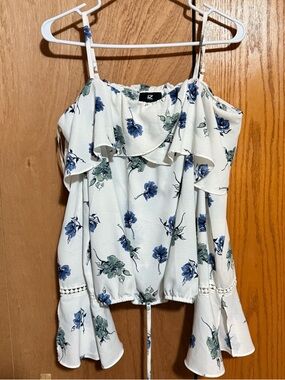 Iz Byer White Floral Ruffle Cami with Blue & Green Print